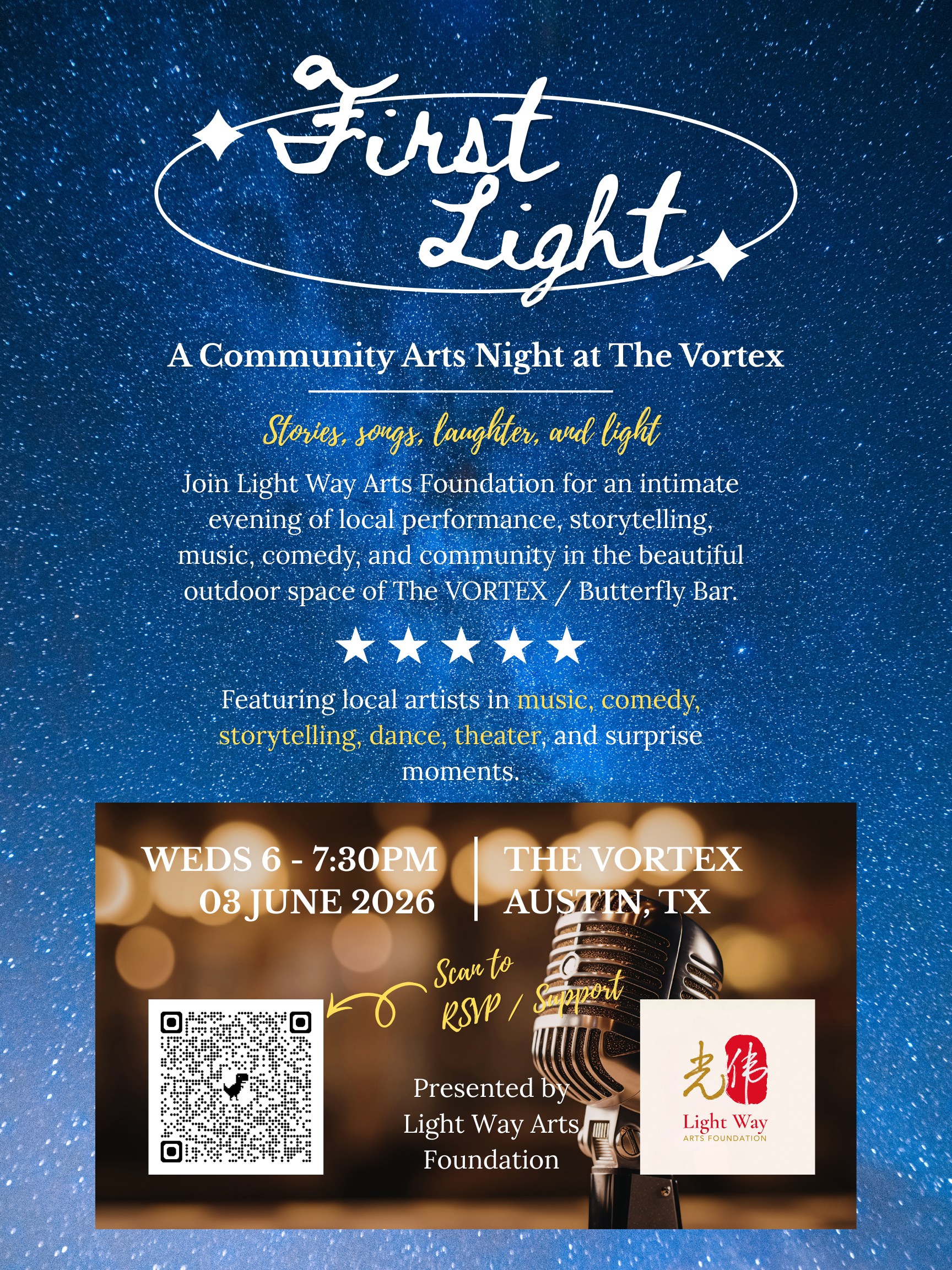First Light community arts night at The VORTEX event poster.